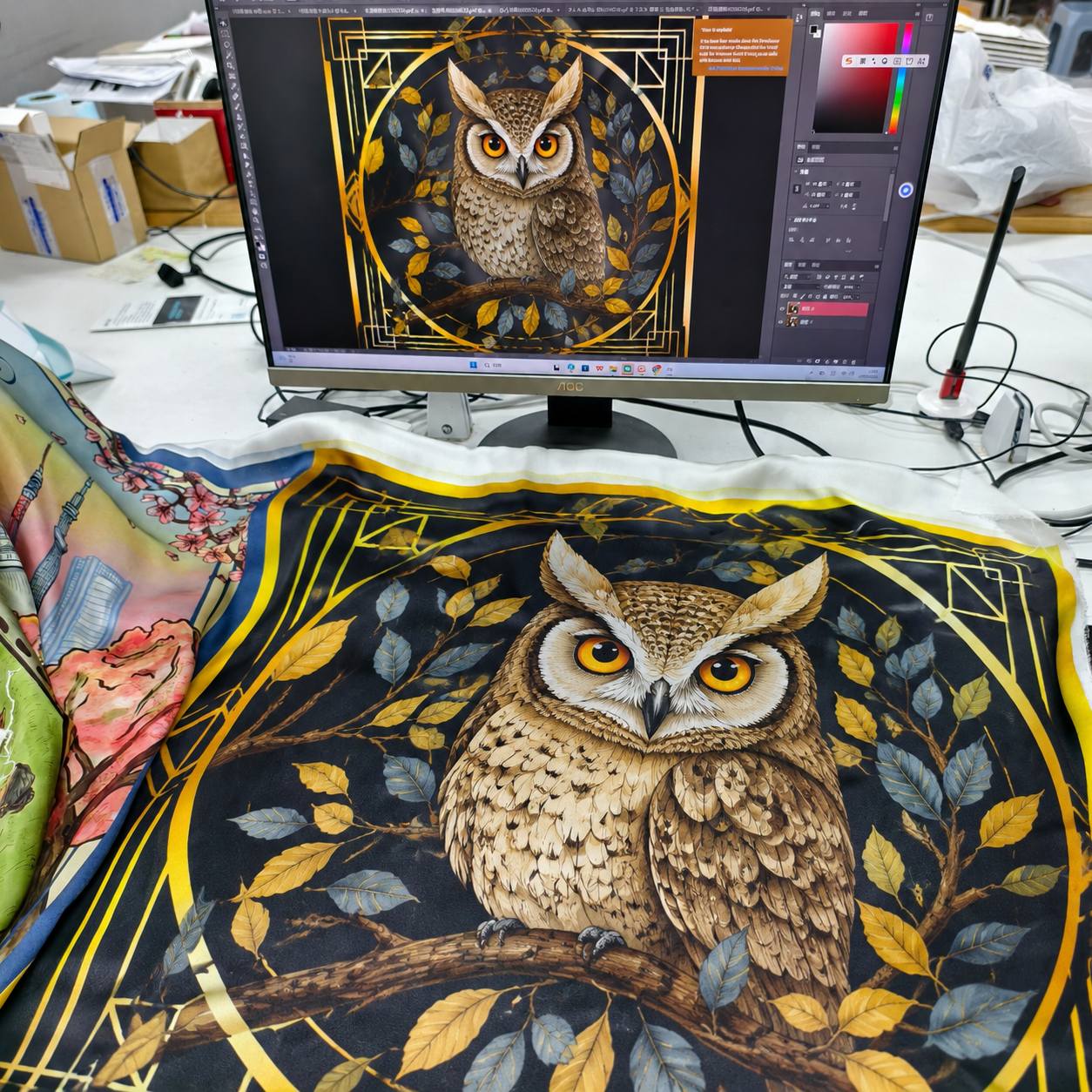Silk scarf print design reviewed with physical color swatches