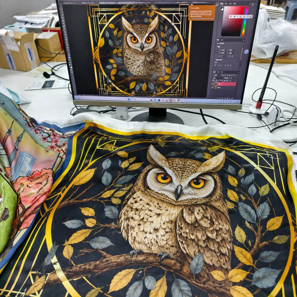 Silk scarf print design reviewed with physical color swatches