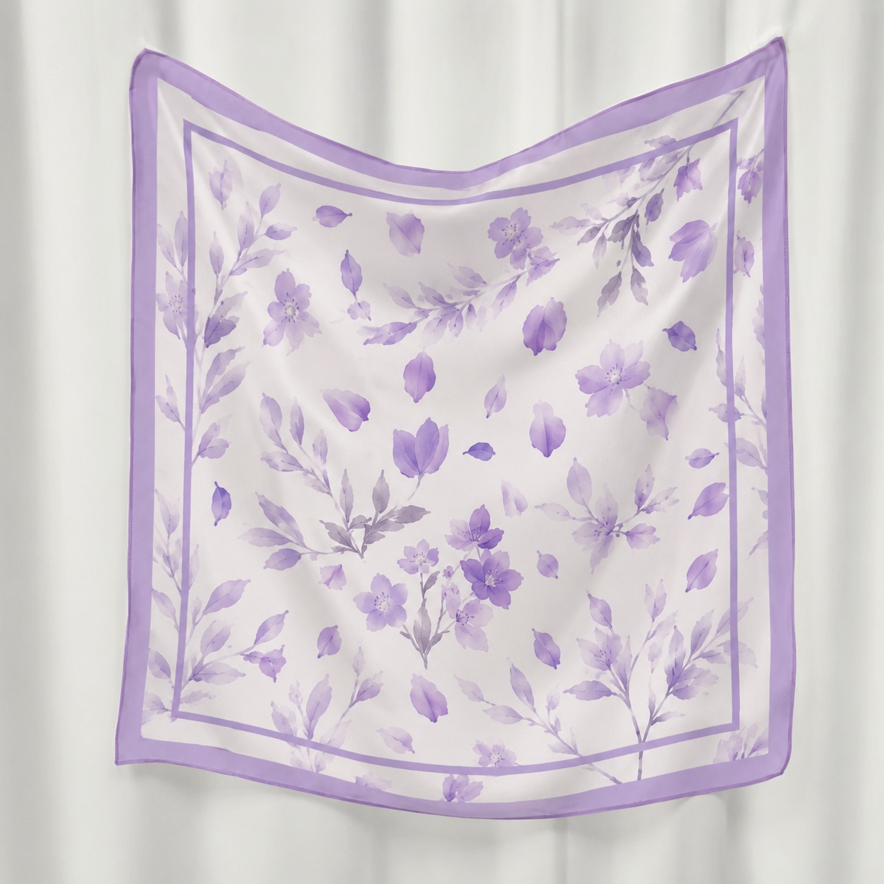 Silk square scarf hanging to show fabric drape and floral print