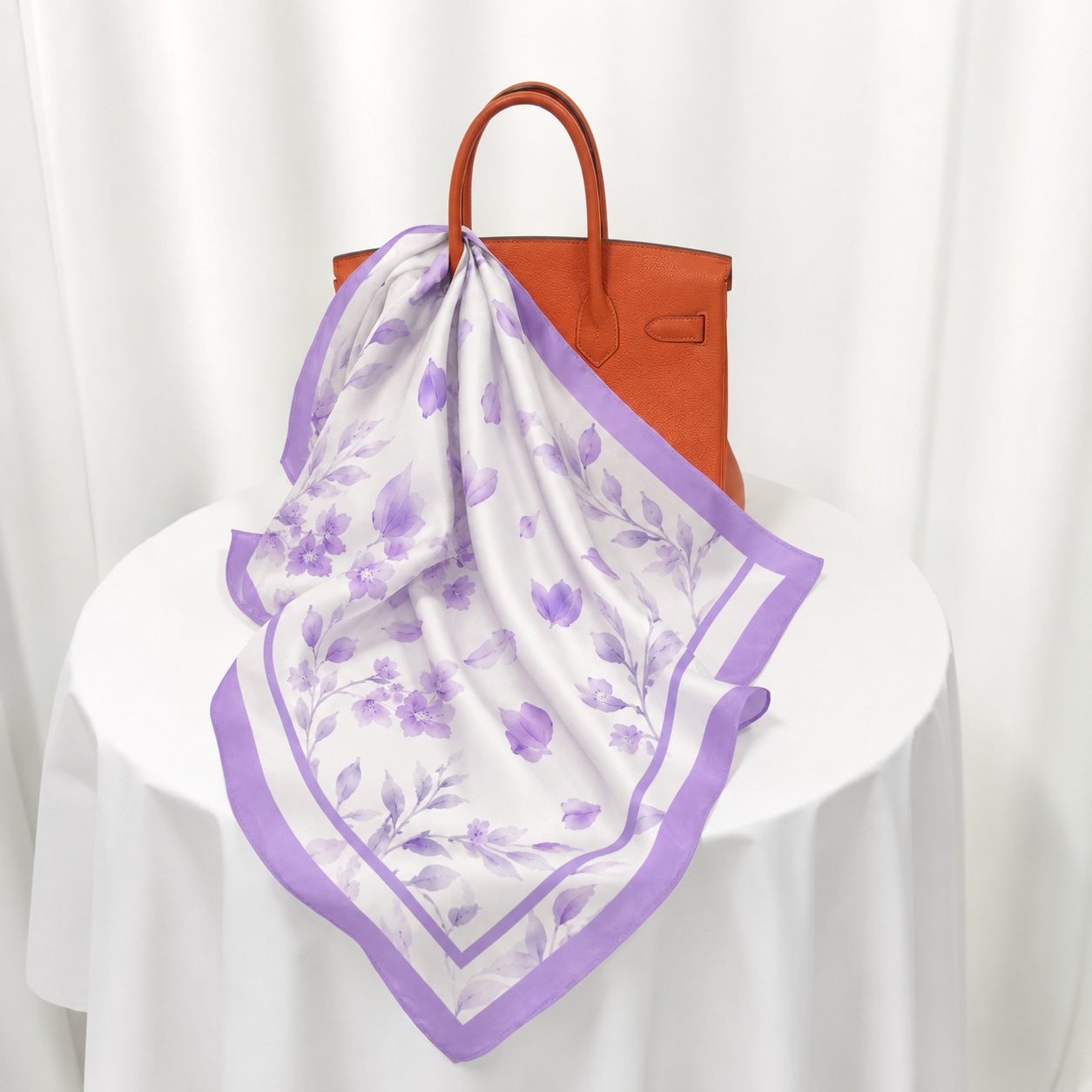 Silk square scarf with light purple watercolor floral pattern