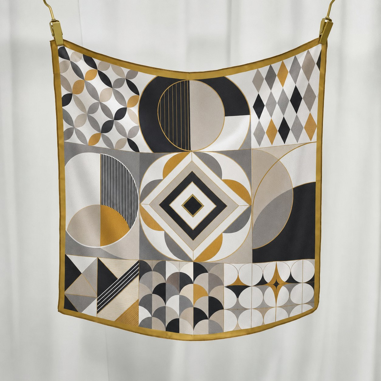 Silk square scarf with black border and custom artwork for premium gift styling