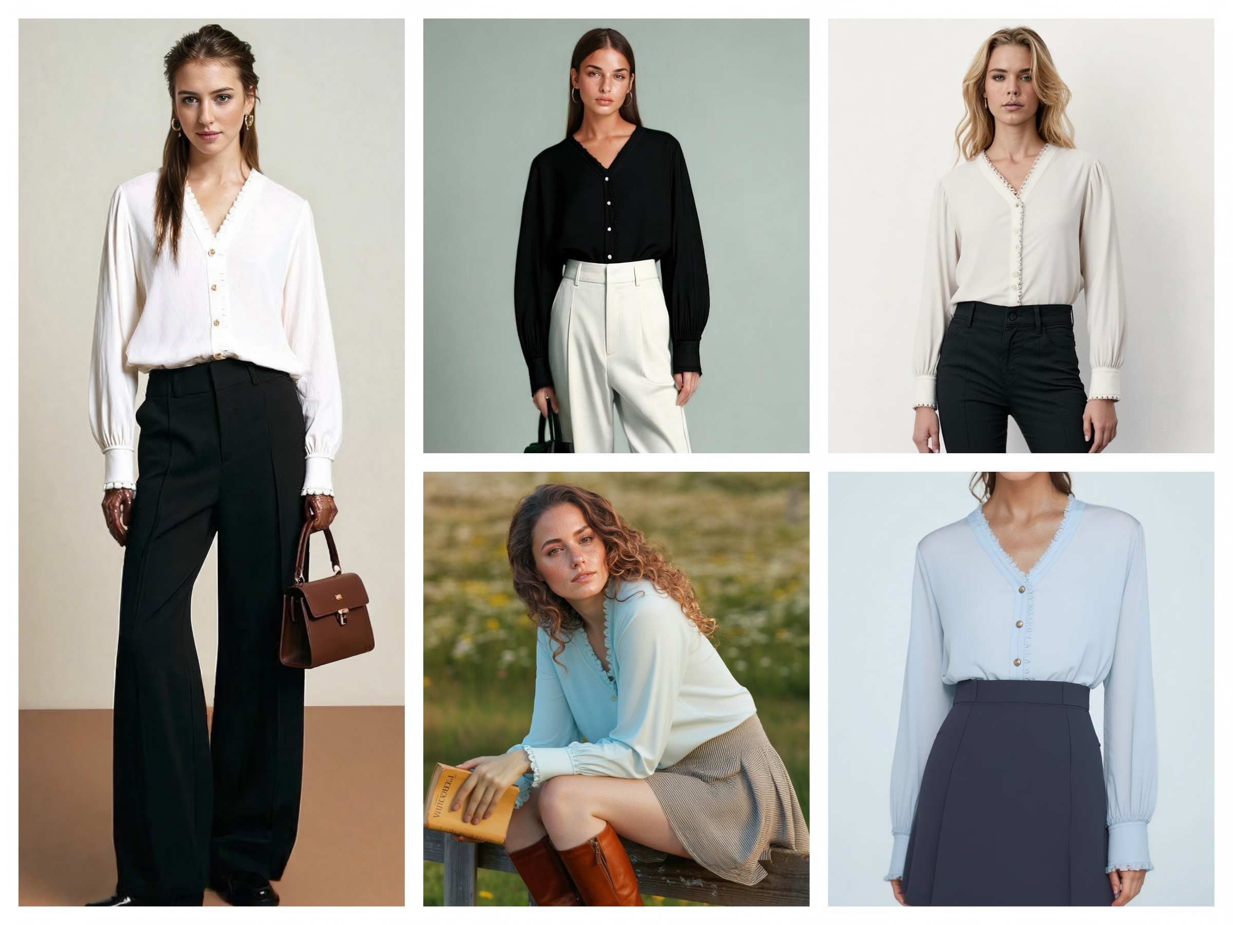 Silk V neck long sleeve blouse for private label programs