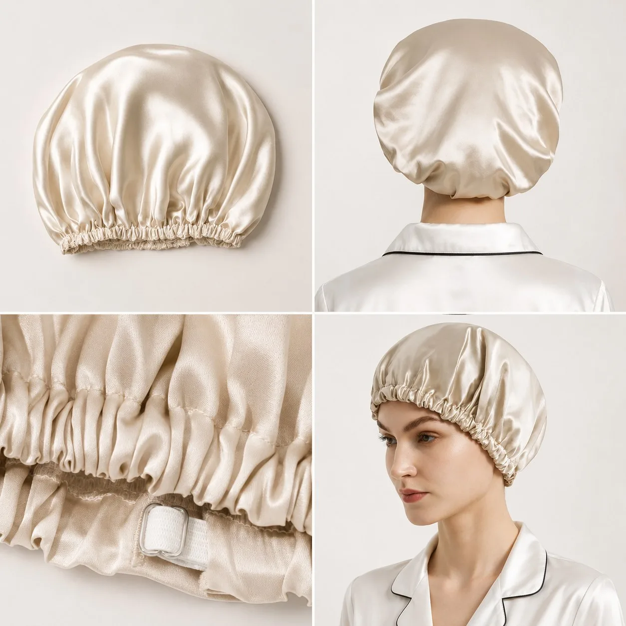 Custom standard elastic silk sleep bonnet shown from multiple angles with adjustable band detail