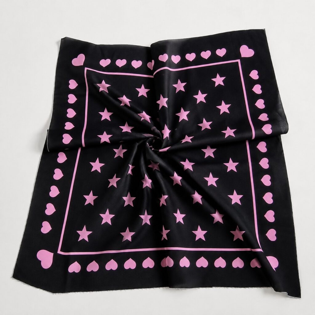 Black mulberry silk scarf featuring pink five-point star motifs and a heart border, displayed flat against a light background.