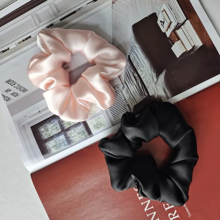 Silk scarf and silk scrunchies for coordinated accessory collections
