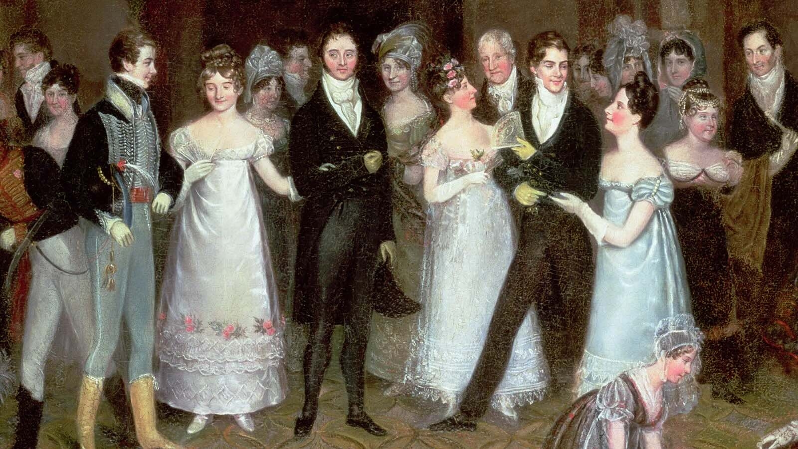 Historic Regency social scene showing gloves and formal dress