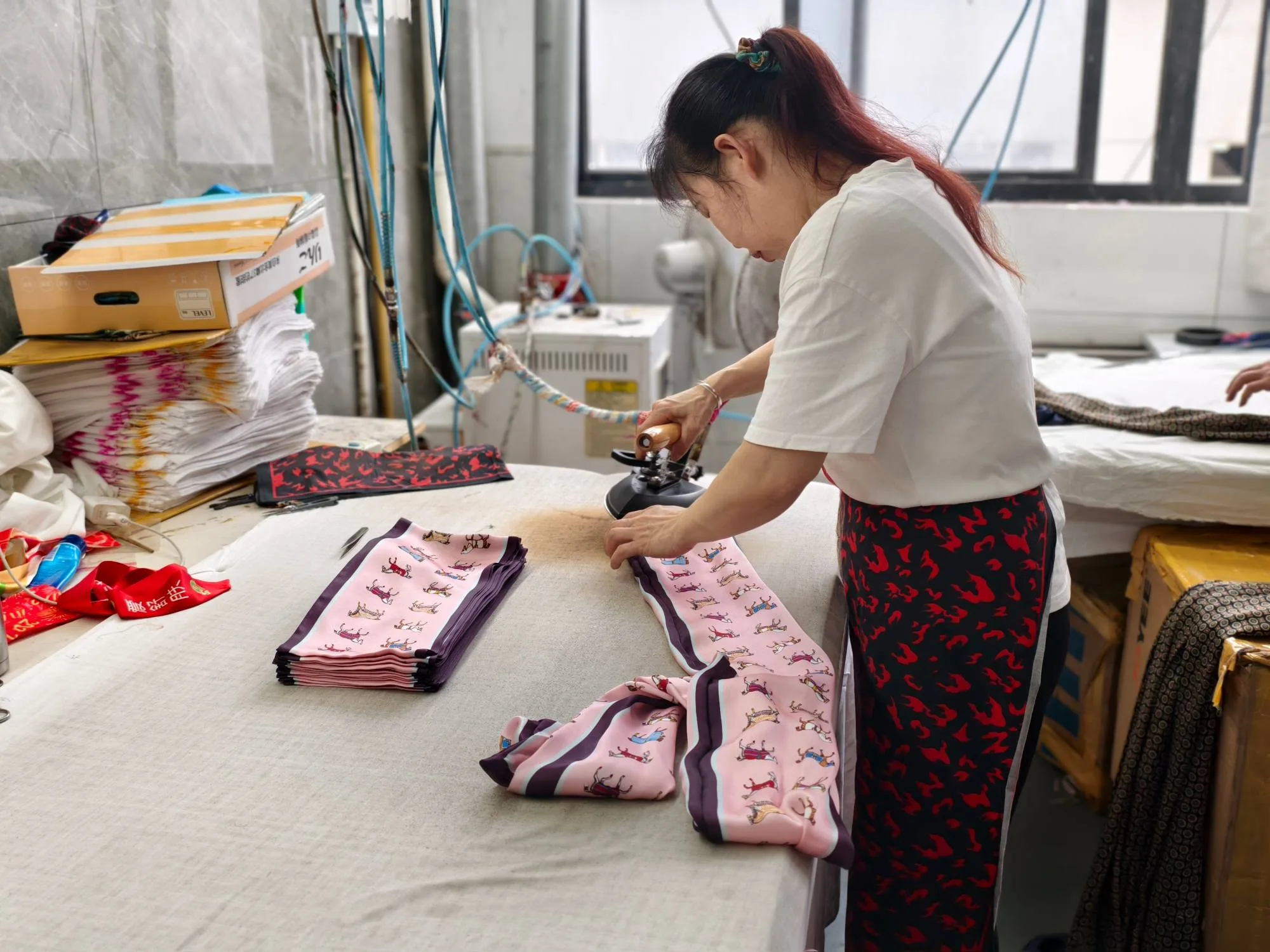 Controlled ironing and finishing process for custom silk scarves