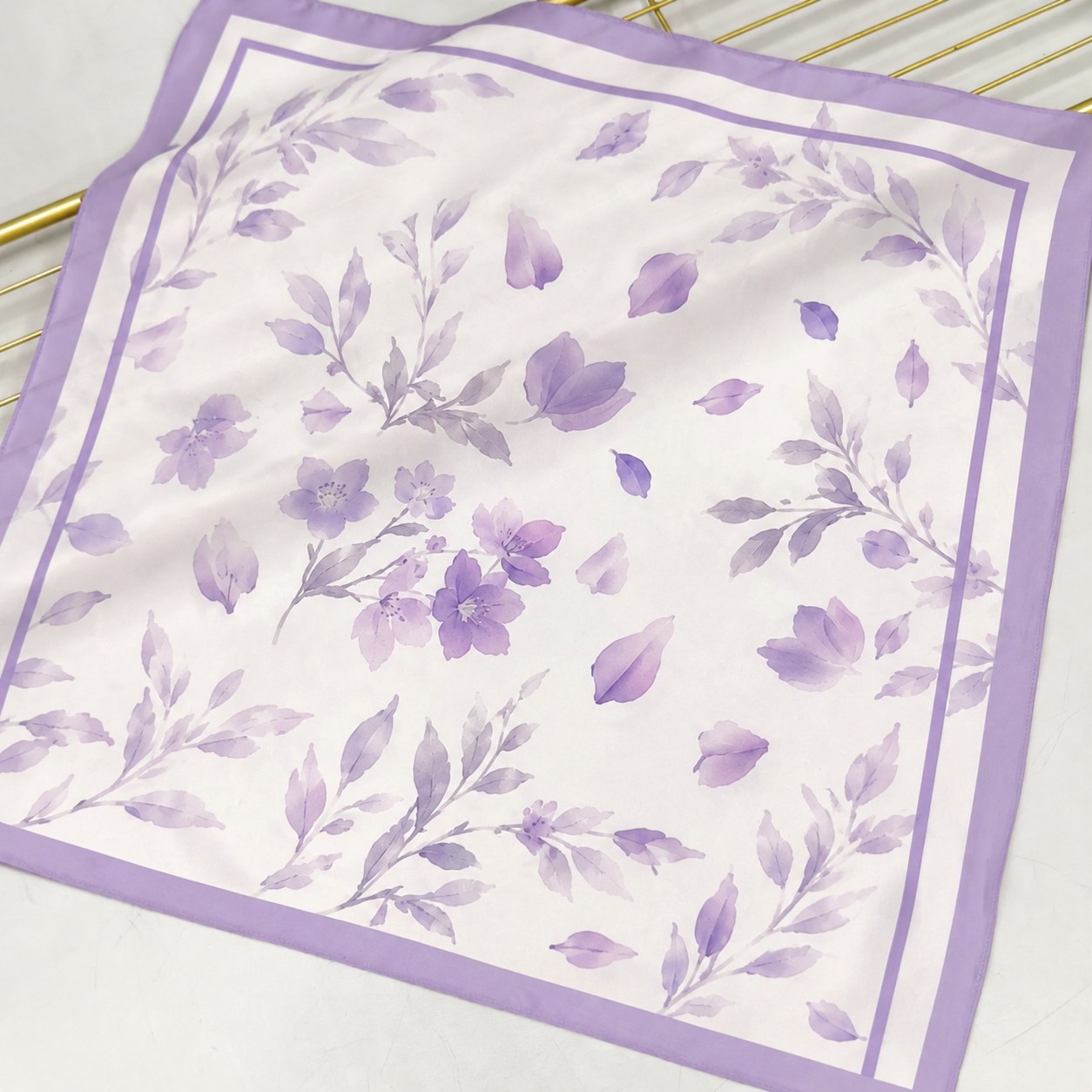 Light purple border creating a soft custom silk scarf composition