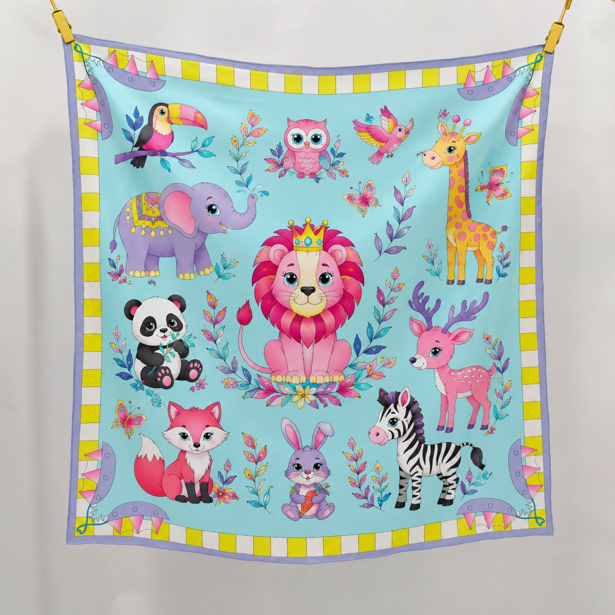 Turquoise mulberry silk scarf with cartoon animal artwork for playful custom print collections