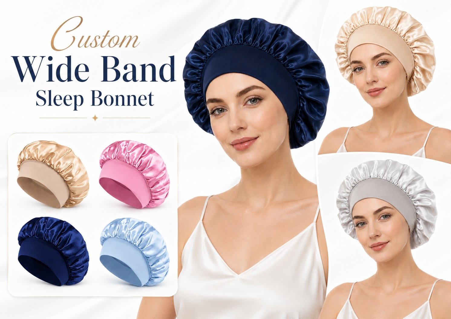 Wide band pure silk sleep bonnet designed for reduced forehead pressure