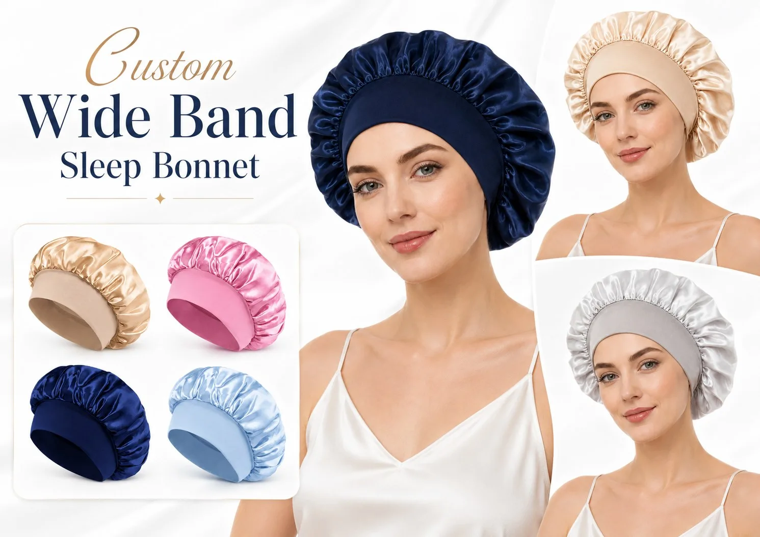 Wide band pure silk sleep bonnet designed for reduced forehead pressure