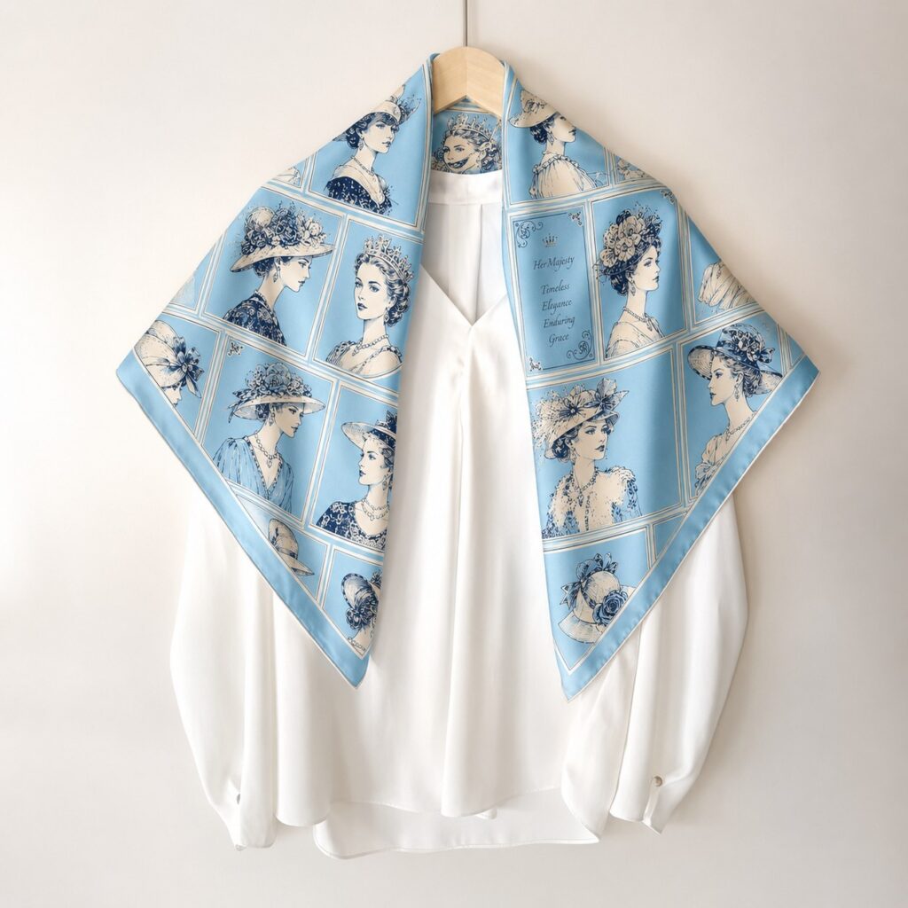 Light blue mulberry silk scarf featuring vintage queen portraits with elegant hats, refined borders, and fashion illustration details.