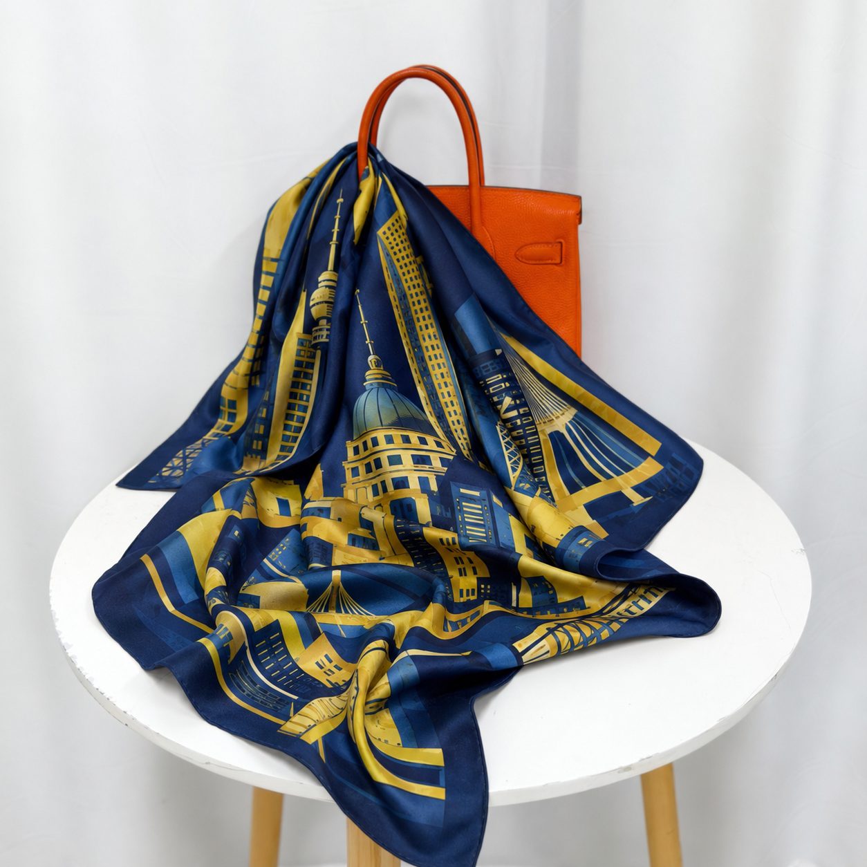 Yellow city architecture artwork on a custom silk scarf