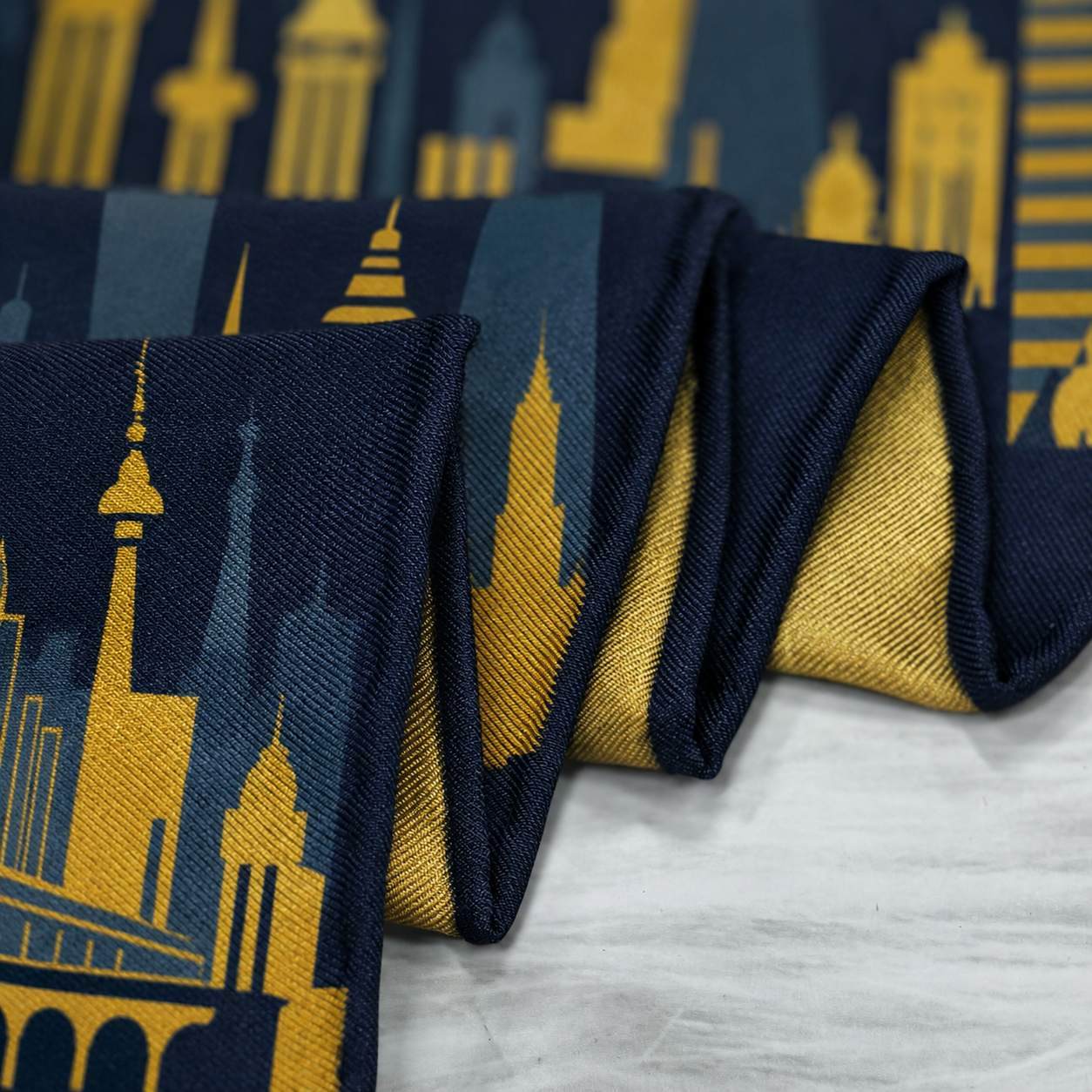 Yellow cityscape silk scarf artwork for souvenir retail