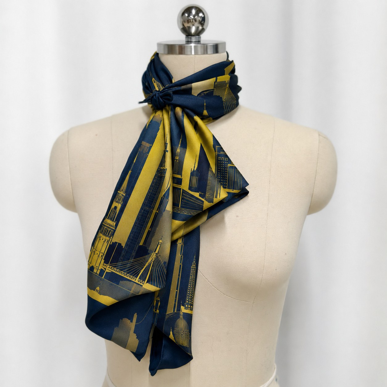 Yellow silk scarf featuring modern cityscape artwork