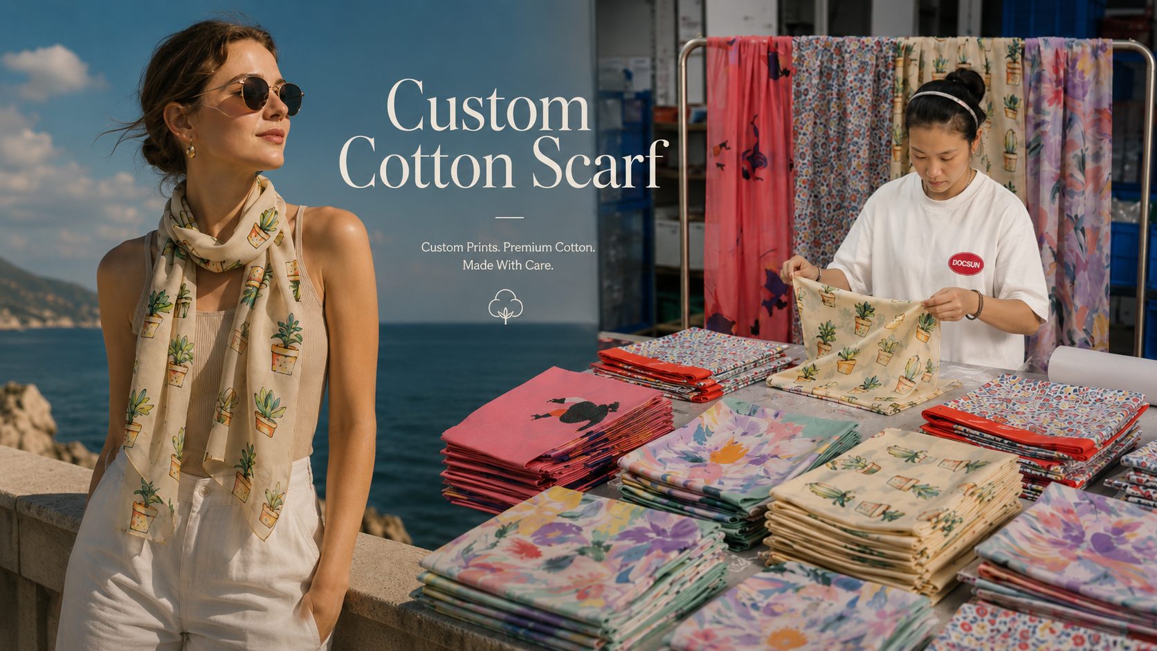 Custom printed cotton scarves manufactured for private label and wholesale programs