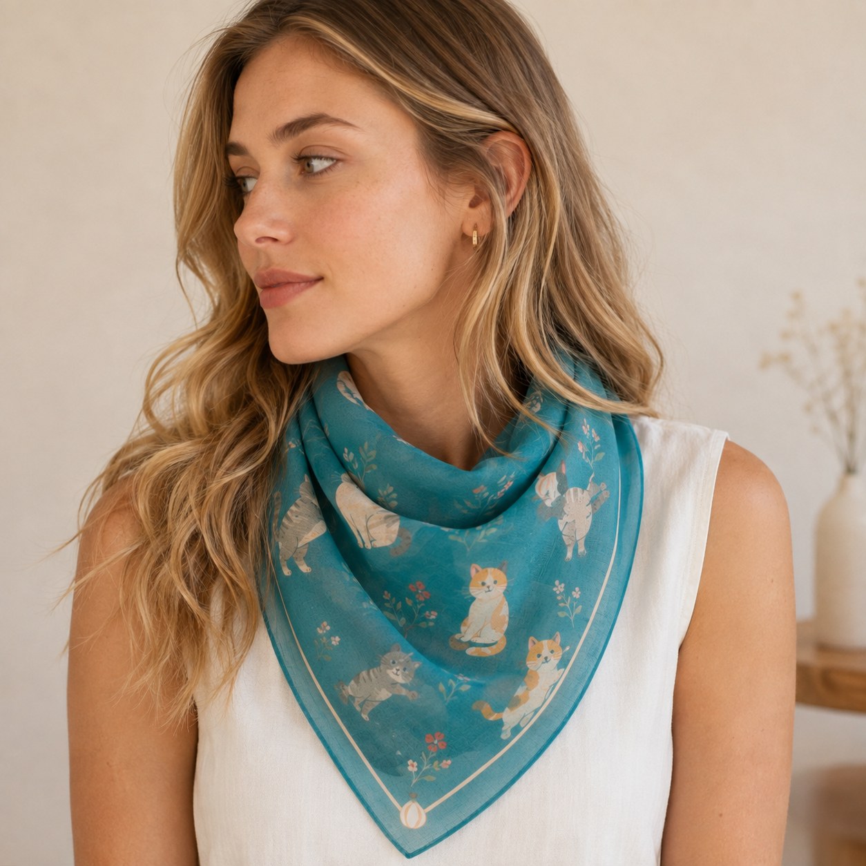 Model styling a custom silk-cotton blend scarf