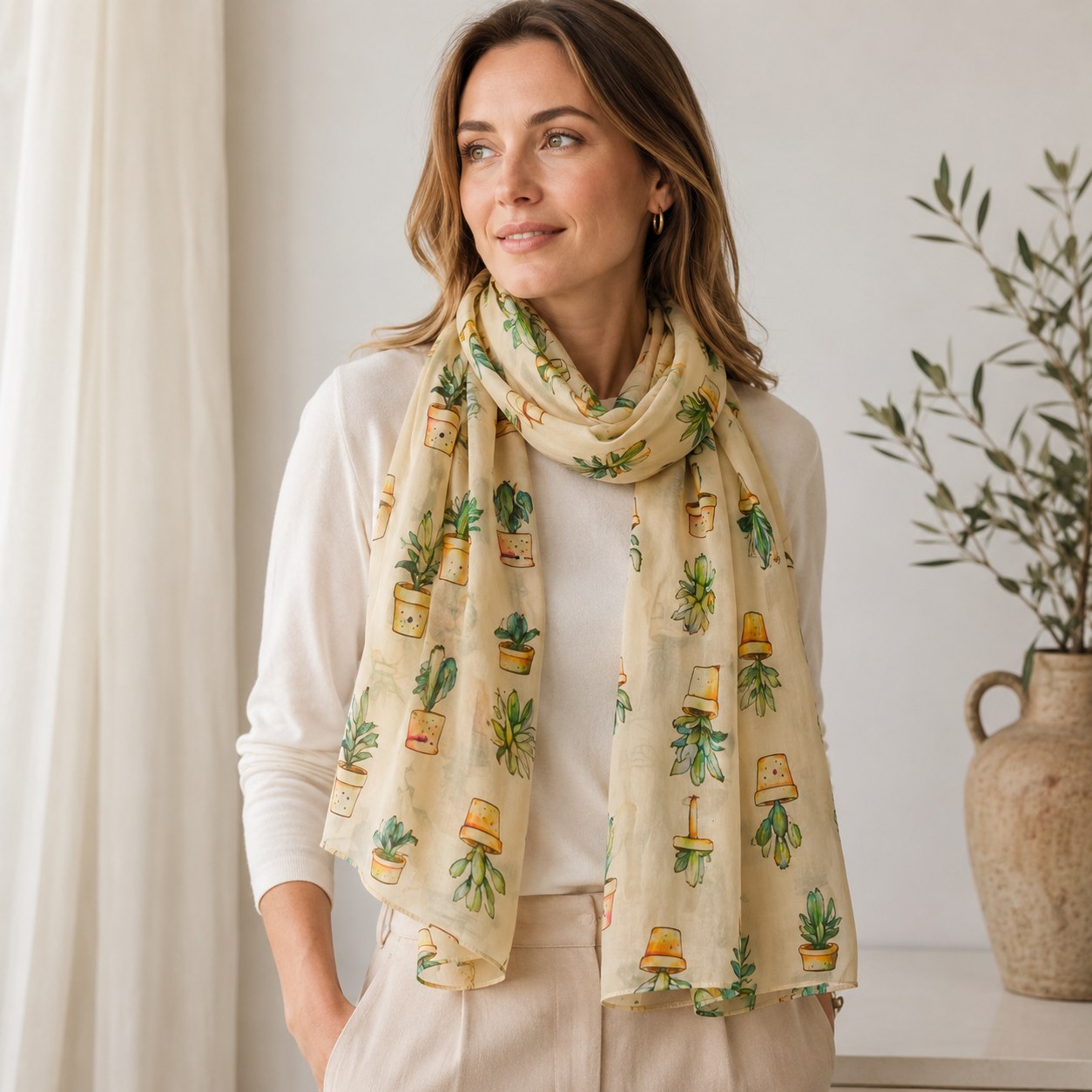 Model wearing a lightweight summer pure cotton scarf